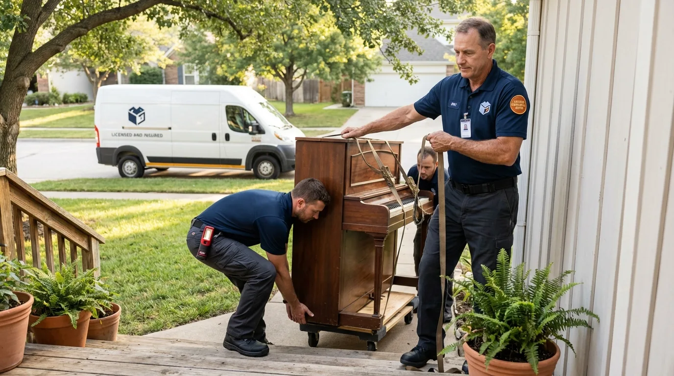 Licensed piano movers securing grand piano in Lehi, UT